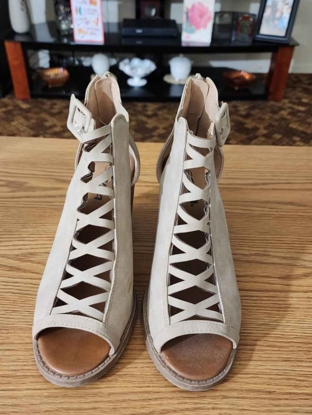 Soda Beige Crisscross Open-Toe Lace-Up Heels